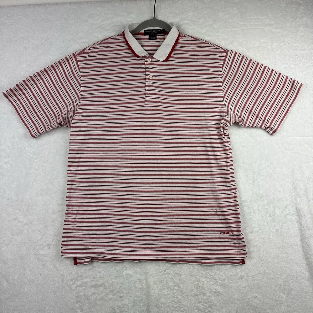 Daniel Cremieux Collection Large Mens Polo Shirt Red White Stripe Short Sleeve